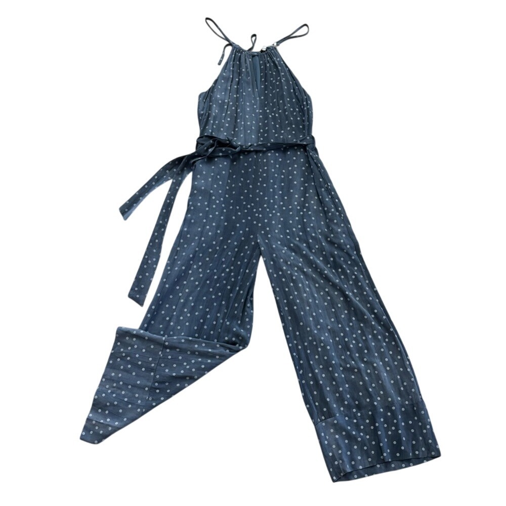 Fate Whimsical Retro Polka Dot Coastal Halter Wide Leg Jumpsuit Blue White M NWT